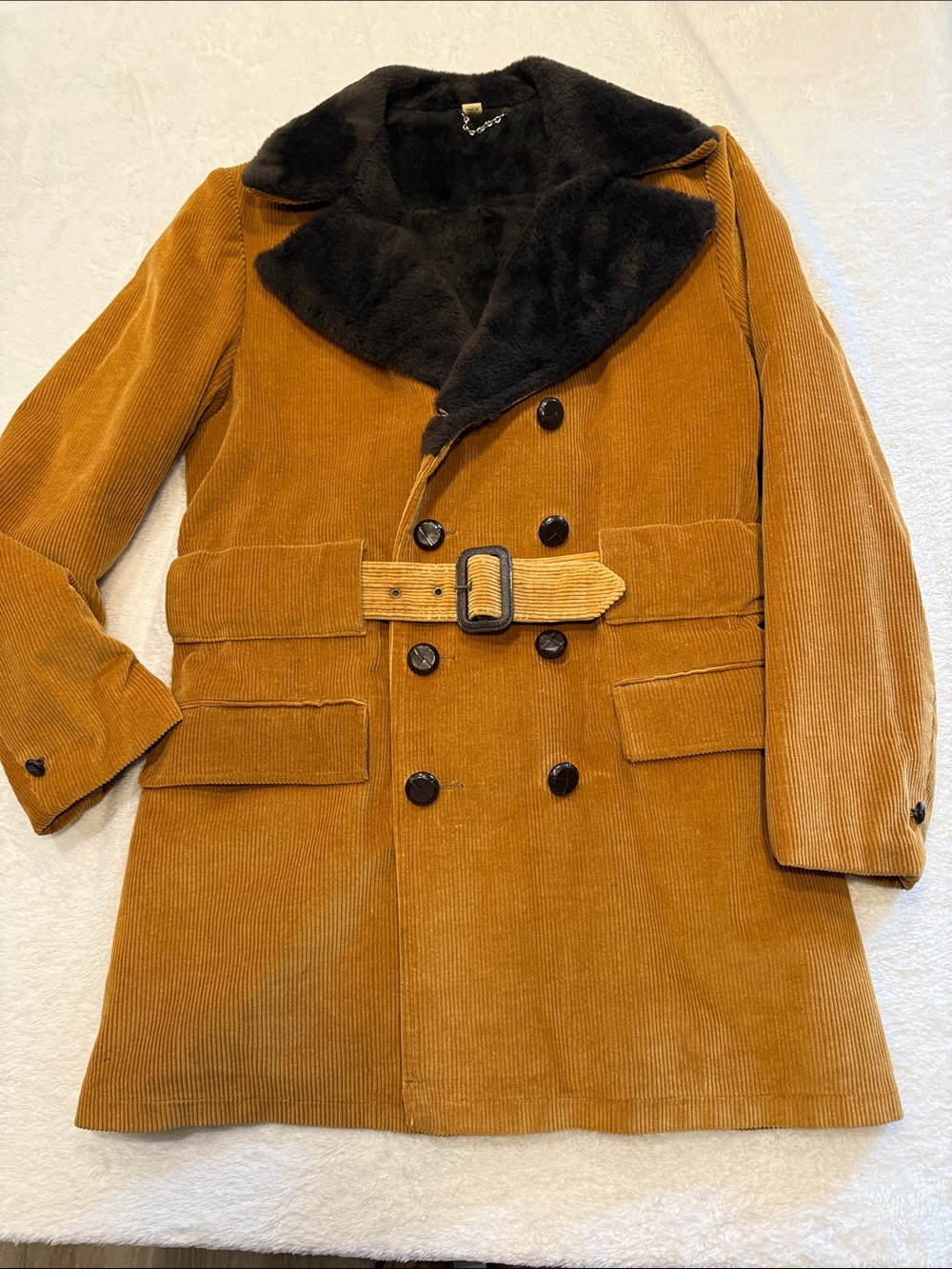 Men's Corduroy Double-Breasted Coat with Faux Fur Collar & liner - Mustard/Brown